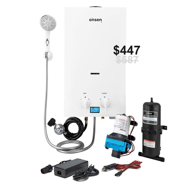 Chauffe-eau portatif sans réservoir Onsen 10L avec convertisseur 120V + pompe & accumulateur GRATUIT